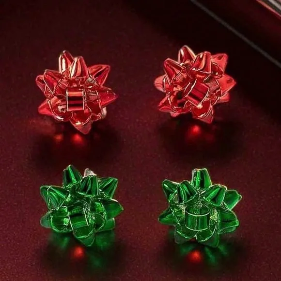 Red Christmas Holiday Bow Stud Earrings - Picture 2 of 4
